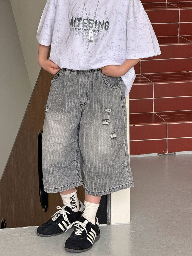 【90-160cm】ショートパンツ 男の子 ストライプ ジーンズ