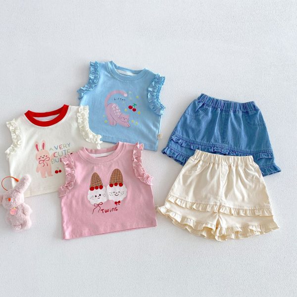 【73-120cm】タンクトップorショートパンツ 女の子 猫プリント 可愛い 子供服
