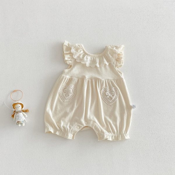 【66-90cm】カバーオール ベビ 女の子 レースフリル 丸襟