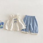 【73-100】セットアップ トップス&パンツ ベビー 女の子 小花柄 ノースリーブ レース裾 - 画像 (5)