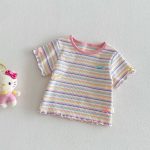【73-120】Tシャツ ベビー 女の子 ボーダー柄 カラフル - 画像 (6)