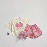 【80-130】セットアップ キッズ服 フルーツ柄 トップス＆チェックショートパンツ - 画像 (4)