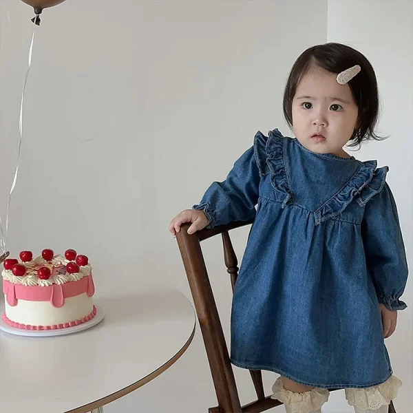 【73-100cm】デニムワンピース ベビー 女の子 肩フリル