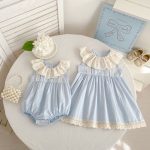 【66-130】ロンパースorワンピース フリル襟 ブルー 姉妹服 - 画像 (2)
