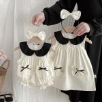 【66-140】ロンパース or ワンピース ベビー 女の子 丸襟 リボン - 画像 (3)