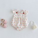 【66-90】ロンパース イチゴ柄 フリル 可愛い ベビー服