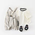 【73-100】セットアップ ストライプ 恐竜 サロペット&シャツ - 画像 (4)