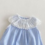 【66-90】ロンパース ブルー ストライプ レース 可愛い ベビー服 - 画像 (5)