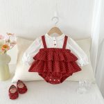 【66-90】ロンパース レイヤード ドット レッド 可愛い ベビー服