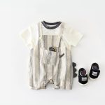 【73-100】セットアップ ストライプ 恐竜 サロペット&シャツ
