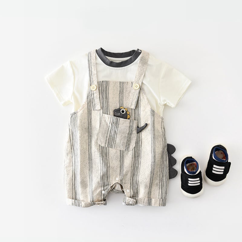 c95c279fd66cc86428429052fd391918.jpg 【73-100】セットアップ ストライプ 恐竜 サロペット&シャツ - 画像 (1)