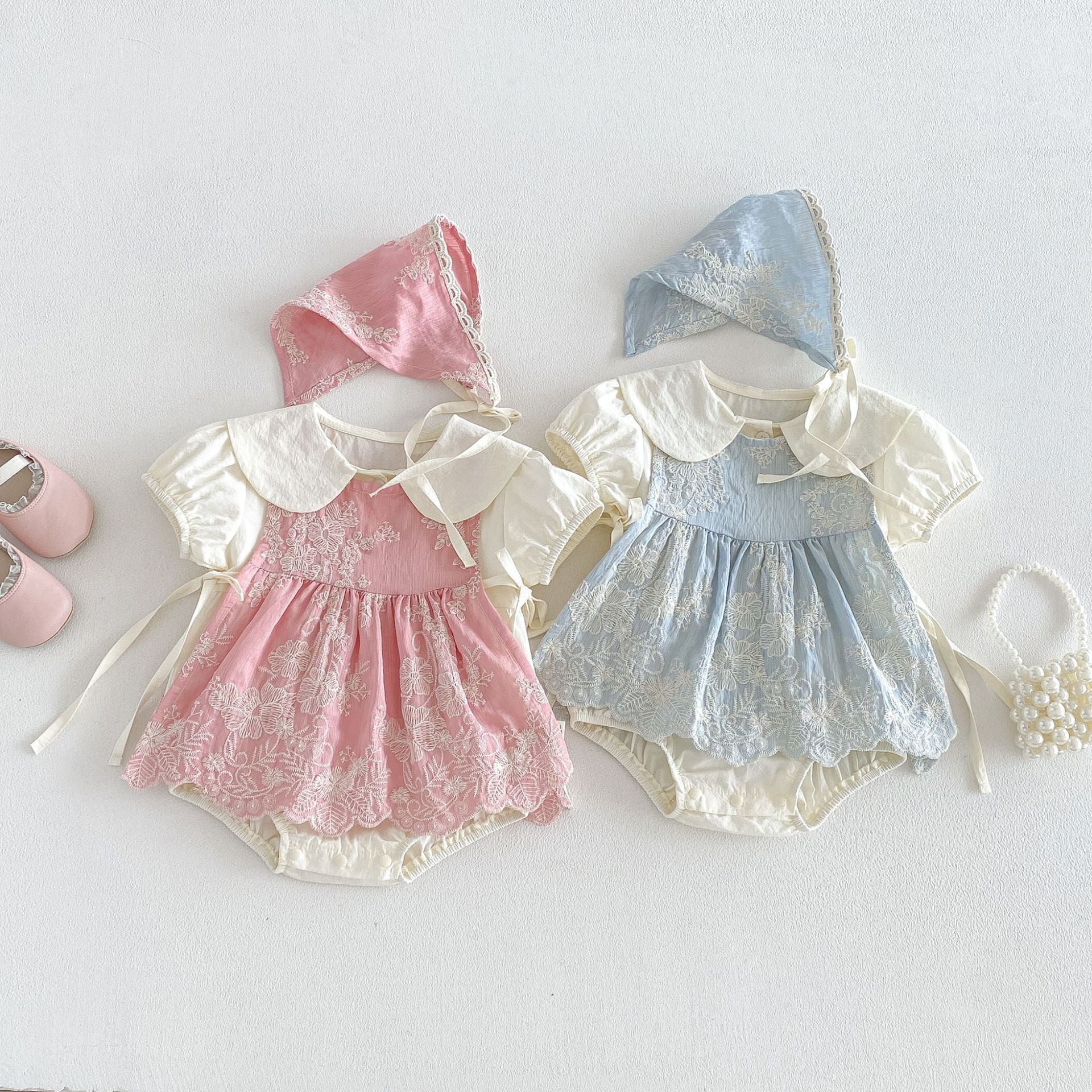 cc4c732ecf3689cd31c563fbada1ffeb.jpg 【66-90】セットアップ フラワー刺繡 ロンパース&帽子 - 画像 (1)