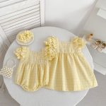 【66-130】ロンパースorワンピース イエロー チェック 姉妹服 - 画像 (2)