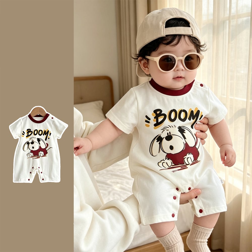 d9c1430ca47b40fbdc30f5201487ab42.jpg 【66-90】ロンパース BOOMドッグプリント 可愛い ベビー服 - 画像 (1)