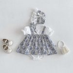 【66-90】ロンパース&帽子 ブルー花 レイヤード おしゃれ 赤ちゃん服 - 画像 (2)