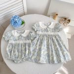【66-130】ロンパースorワンピース ブルー 花柄 姉妹服 - 画像 (2)