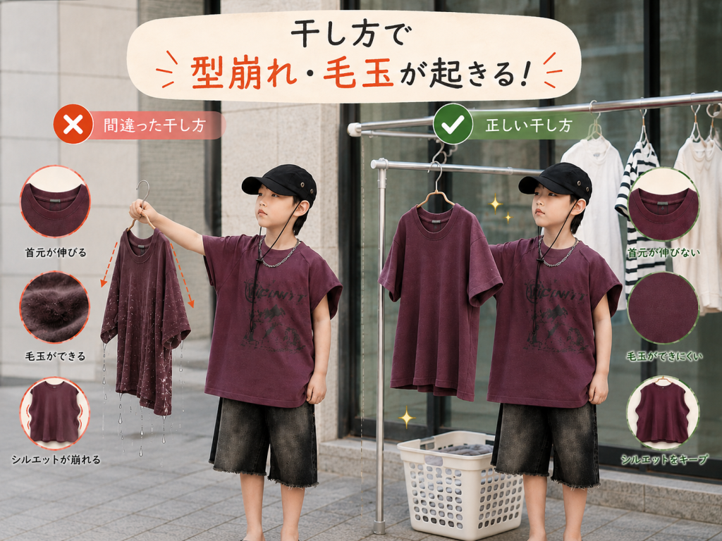 肩が伸びたTシャツと正常なTシャツの比較