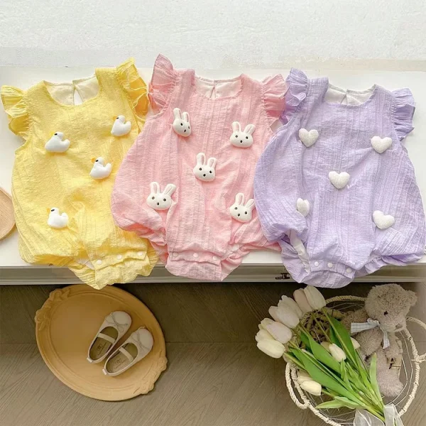 【66-90cm】ロンパース ベビー ウサギ 可愛い 肩フリル