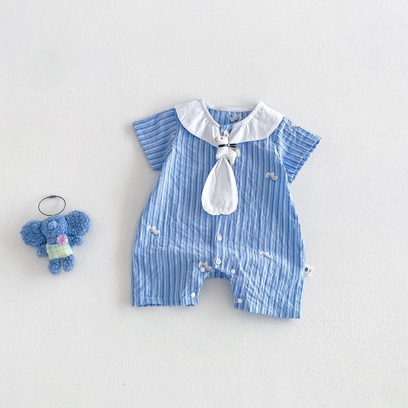 e0b39b100703034eec700b7fac51125a.jpg 【66-90】ロンパース ストライプ ブルー ベビー服 - 画像 (1)