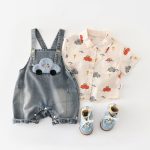 【73-100】セットアップ 車柄 デニム サロペット&シャツ - 画像 (5)