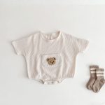 【66-90】ロンパース クマ柄 ポケット付き 半袖 ベビー服 - 画像 (3)