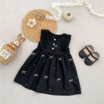 【90-130】ロンパースorワンピース 蝶結び柄 ブラック 姉妹服 - 画像 (4)