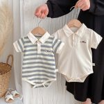 【66-90】ロンパース 半袖 ポロ襟 ロゴ入り シンプル 肌触り良い ベビー服 - 画像 (3)
