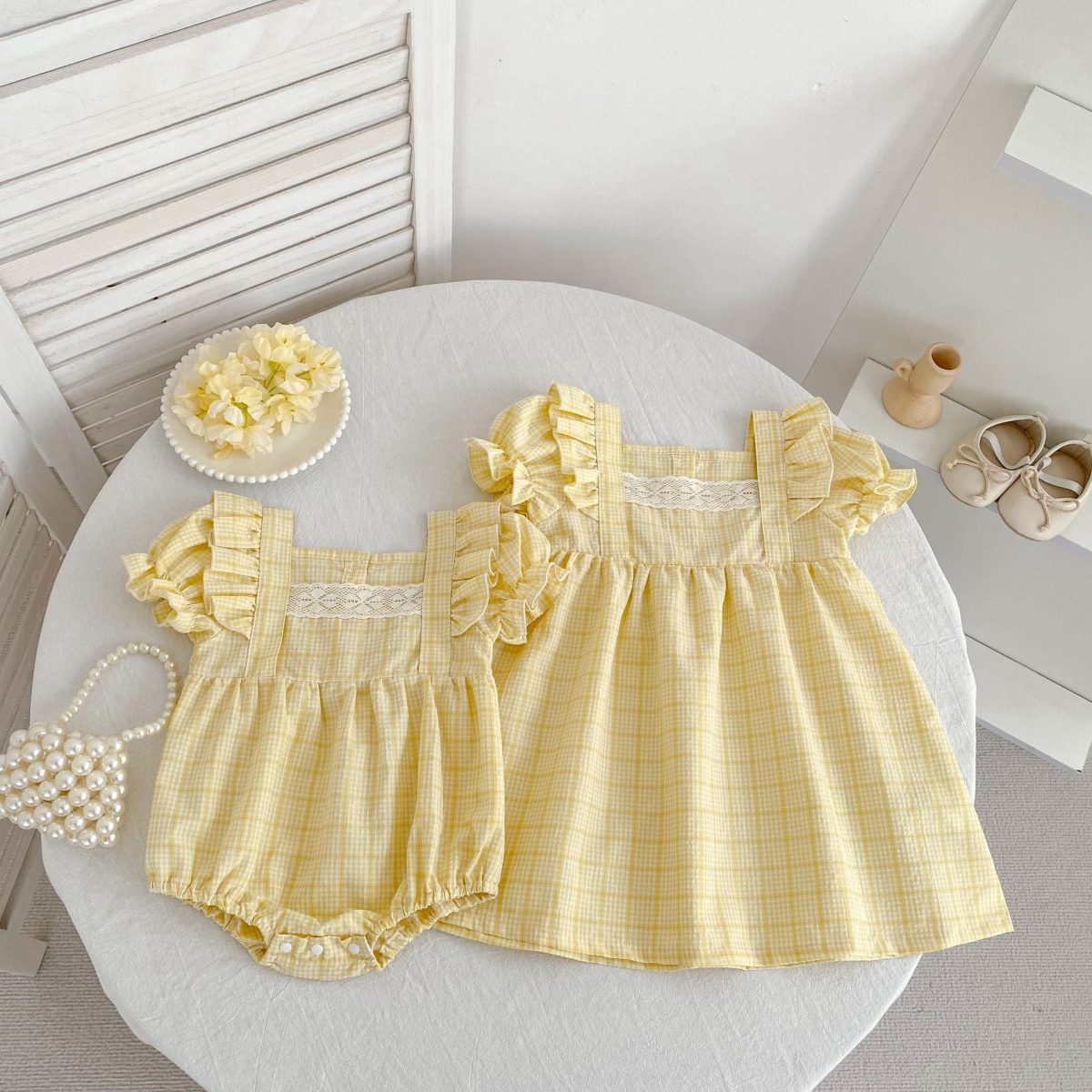【66-130cm】ロンパースorワンピース-イエロー-チェック-姉妹服-画像-3.jpg 【66-130】ロンパースorワンピース イエロー チェック 姉妹服 - 画像 (1)