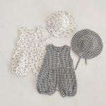 【66-90】オールインワン ノースリーブ フラワー/チェック シンプル ベビー服