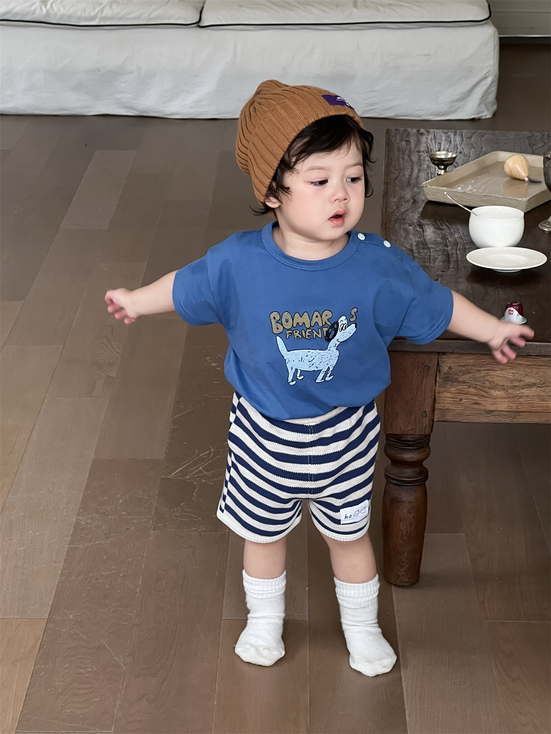 主图-005-5-1.jpg 【73-110】Tシャツ or ショートパンツ ベビー 男の子 犬柄 ボーダー - 画像 (1)