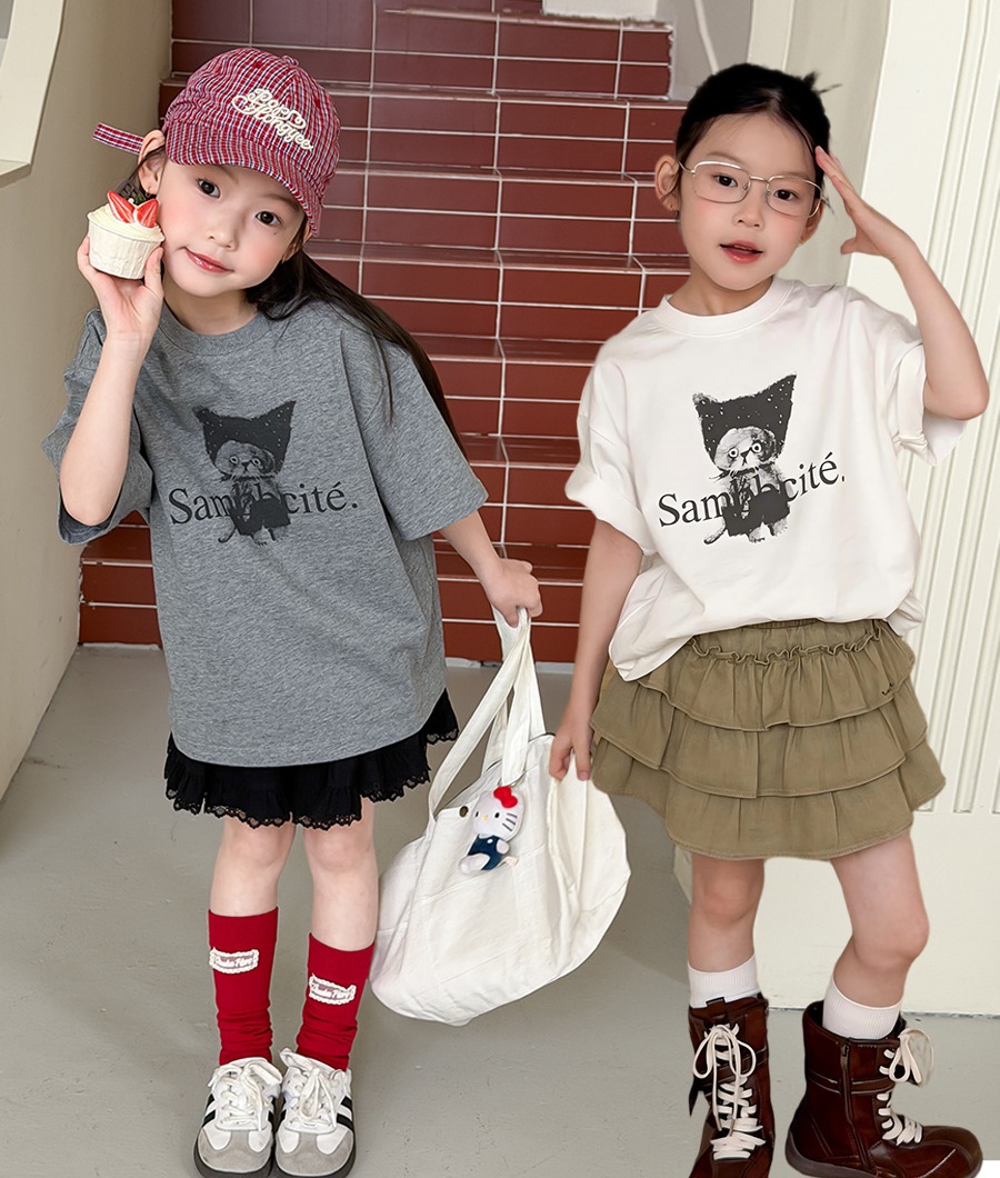 主图-01 【90-160】半袖Tシャツ 女の子 ねこ柄 可愛い カジュアル - 画像 (1)