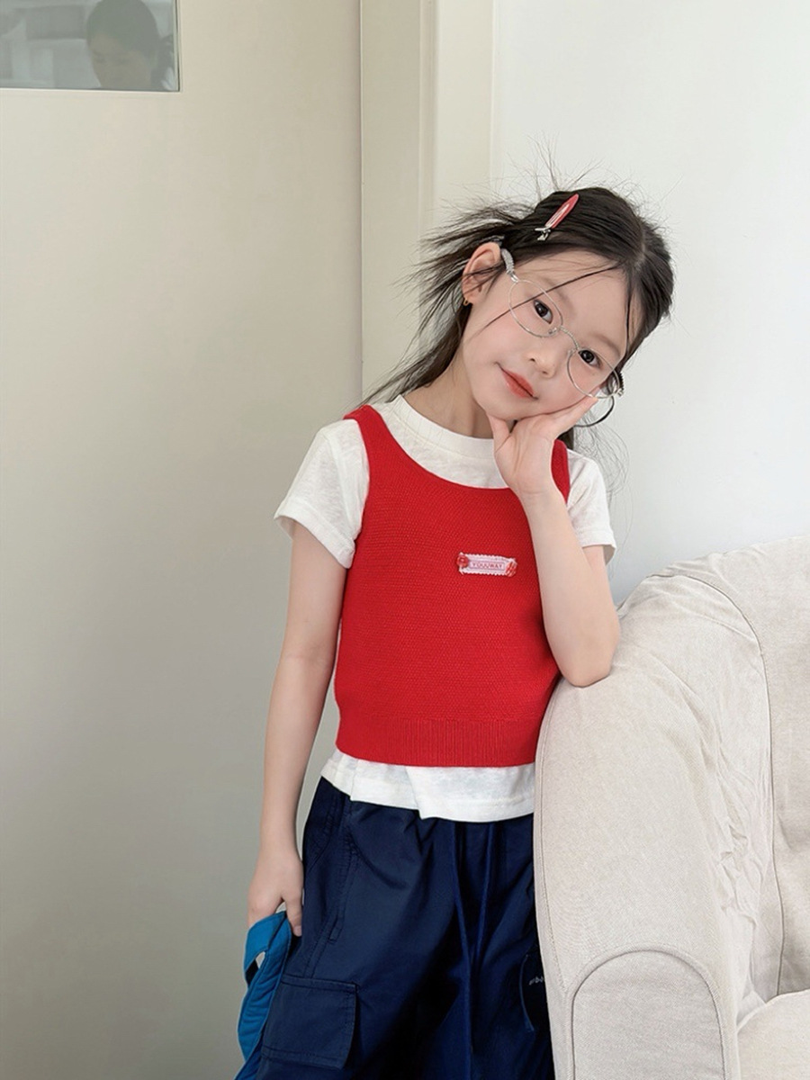 主图-01 【100-170】ベスト or 半袖Tシャツ 女の子 韓国風 レイヤード - 画像 (1)