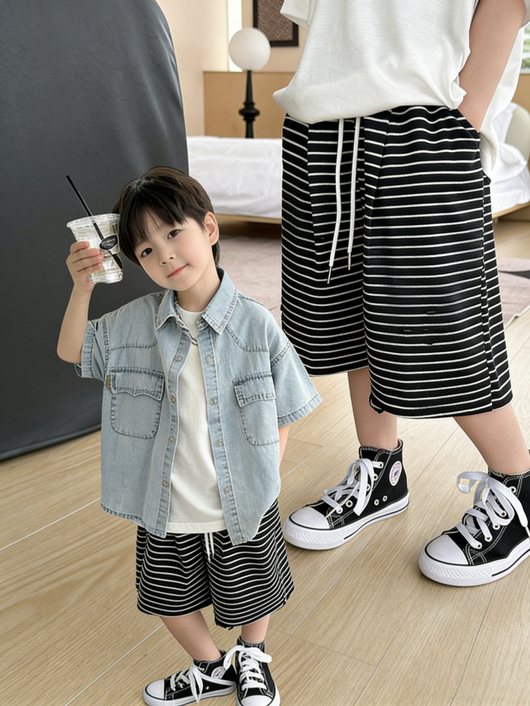 【90-150cm】ショートパンツ 男の子 ボーダー柄 ストリート風