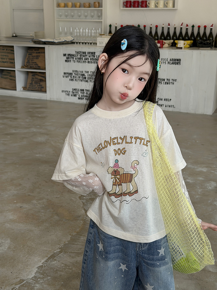 【100-170cm】トップス 女の子 おしゃれ レイヤード風 レース 切り替え