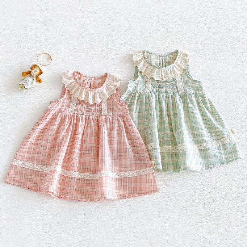 01_fcc32c98-a7d5-44c7-91d4-050670aa47ef.jpg 【73-120】ワンピース ベビー 女の子 レース襟 チェック - 画像 (1)