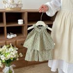 【73-120】セットアップ ベビー 小花柄 総柄グリーン - 画像 (4)