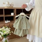 【73-120】セットアップ ベビー 小花柄 総柄グリーン - 画像 (5)