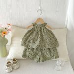 【73-120】セットアップ ベビー 小花柄 総柄グリーン - 画像 (7)