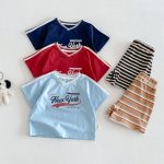 【73-120】半袖Tシャツorショートパンツ ベビー Vネックロゴ ボーダー