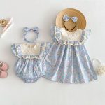 【66-140】ロンパースorワンピース ブルー 花柄 姉妹服 - 画像 (5)