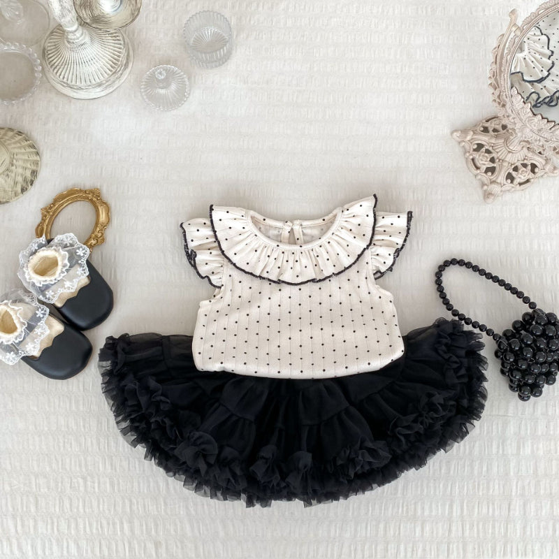 1.jpg 【66-120】トップス or フレアスカート ベビー 女の子 ドット レース襟 フリル袖 - 画像 (1)