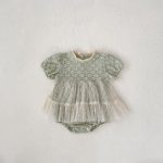 【66-90】ロンパース ベビー フラワー刺繡 ワンピース風