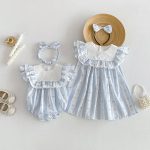 【66-140】ロンパースorワンピース ブルー ストライプ 姉妹服 - 画像 (4)