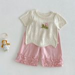 【73-120】半袖Tシャツ ベビー 透かし編み フラワー - 画像 (9)