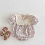 【73-100】ロンパース ベビー 蝶結び付き パープル花柄
