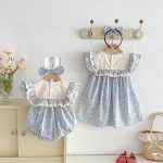 【66-140】ロンパースorワンピース ブルー 花柄 姉妹服 - 画像 (3)