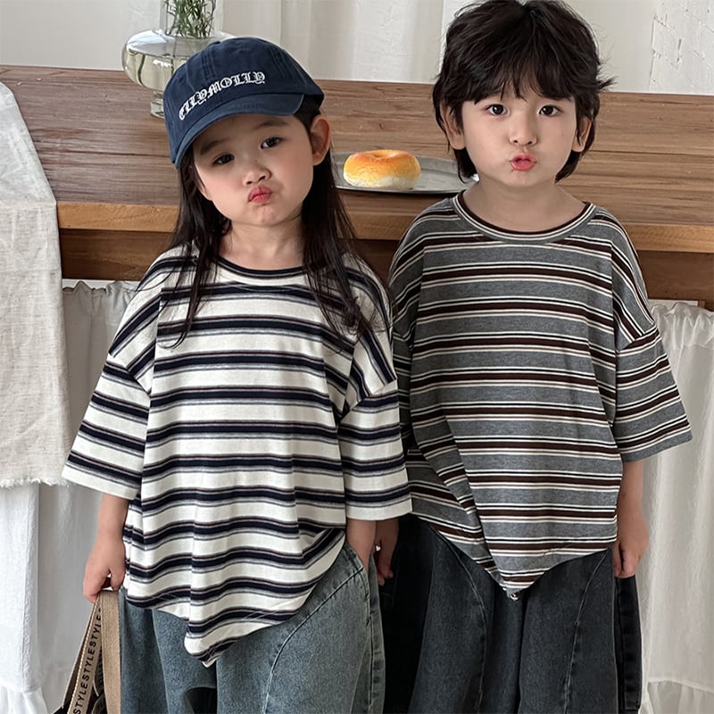 3628c6ca50bb09feb962af68c4bd3cab.jpg 【80-140】Tシャツ ボーダー ドロップショルダー - 画像 (1)