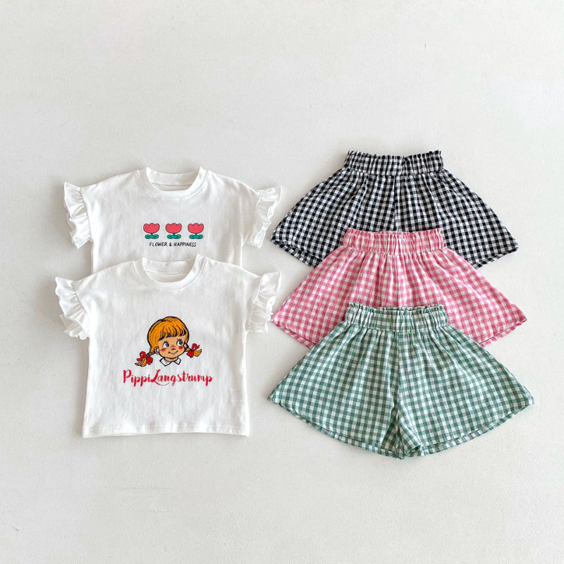 36_f747e9fb-4445-43bb-b5b0-6068514f7948.jpg 【80-130】Tシャツ or ショートパンツ ベビー 女の子 フリル袖 チェック - 画像 (1)