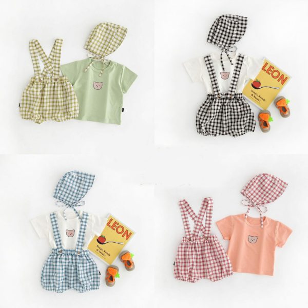 【66-90cm】セットアップ チェックサロペット＆シャツ＆帽子