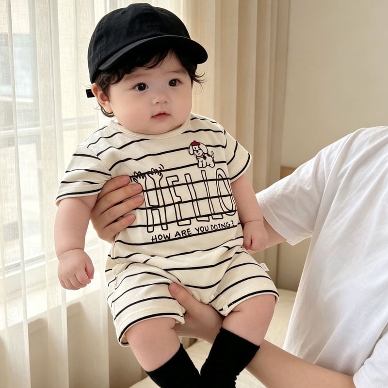 47d639dd0a6edfe2388d4a944a5a2063.jpg 【66-90】ロンパース HELLO ボーダー - 画像 (1)